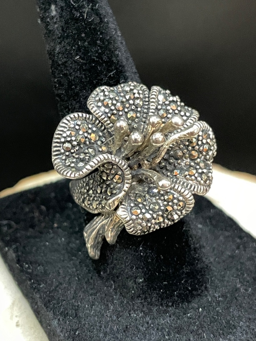 Sterling Silver 925 Marcasite Hibiscus Calla Lily Flower Ring 6 1/2